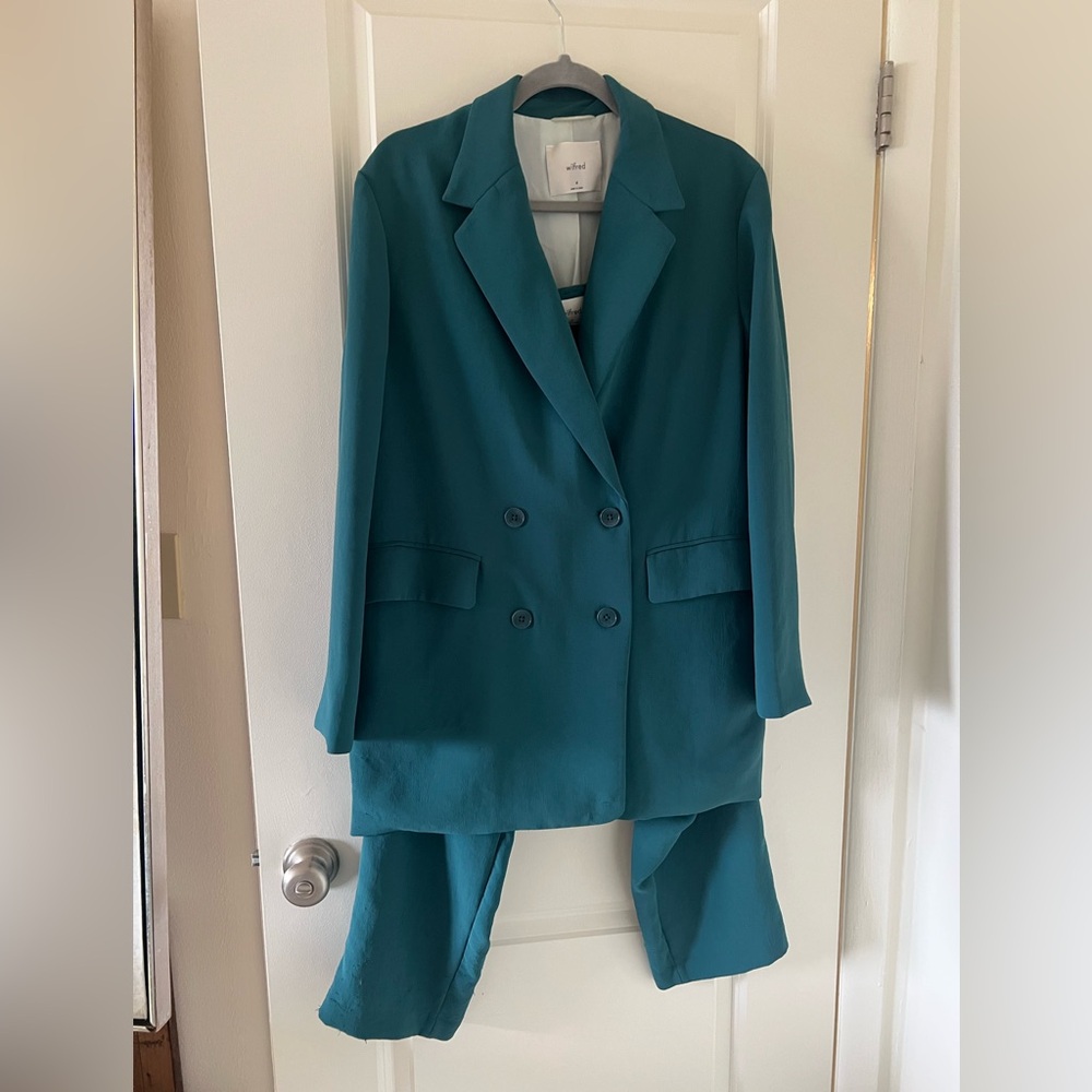 Aritzia Wilfred Teal Green Double-Breasted Cherrelle Blazer and Pants Suit  12